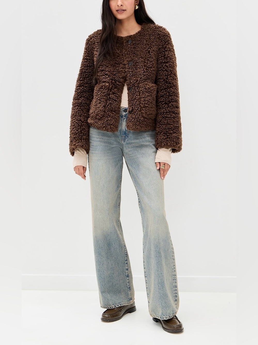 Lamarque Emilia Dark Brown Faux Shearling Jacket Faux Leather Trim M